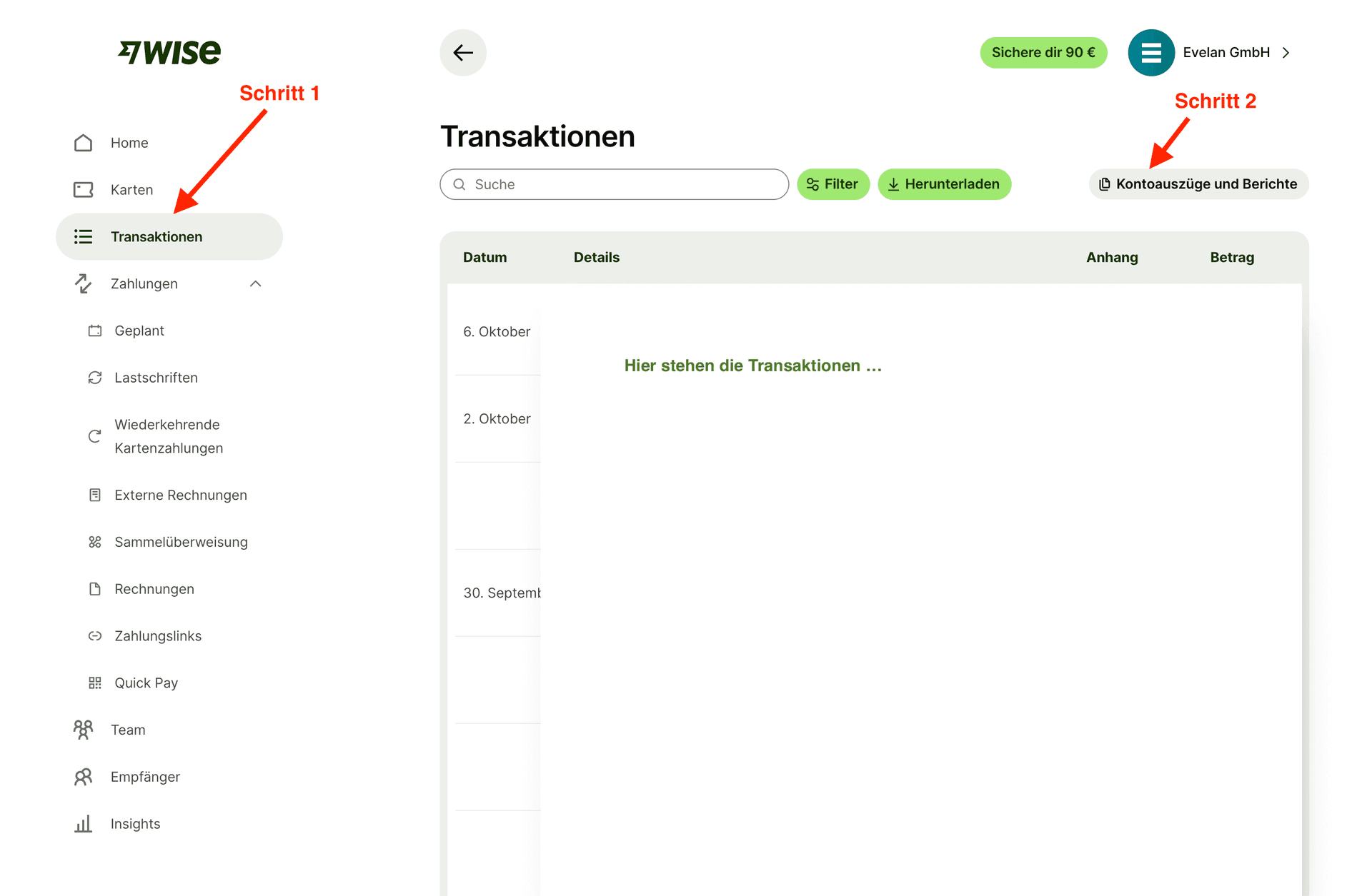 Wise - Transaktionen und Kontoauszüge öffnen