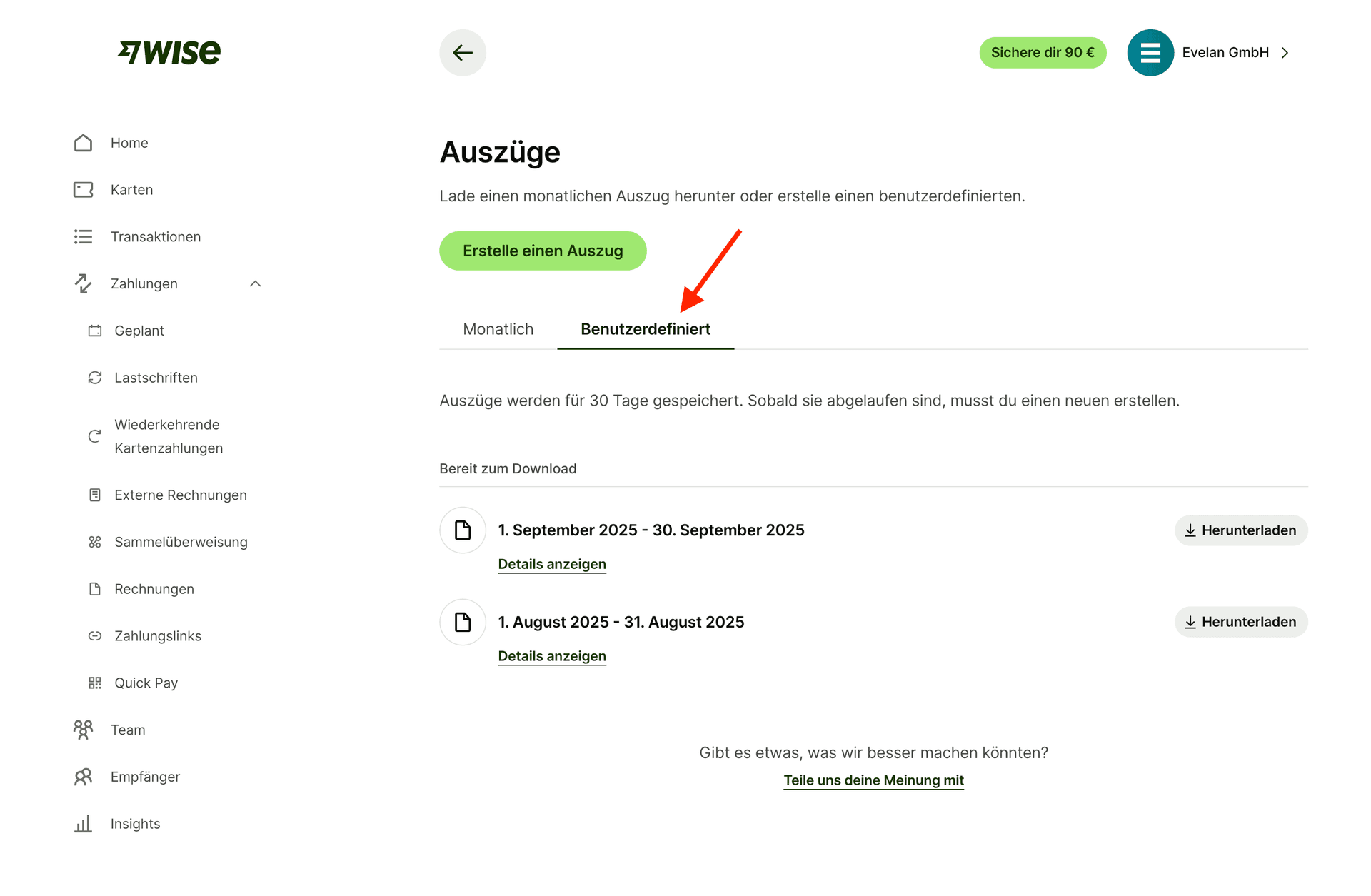 Wise - Benutzerdefiniert und Auszug erstellen