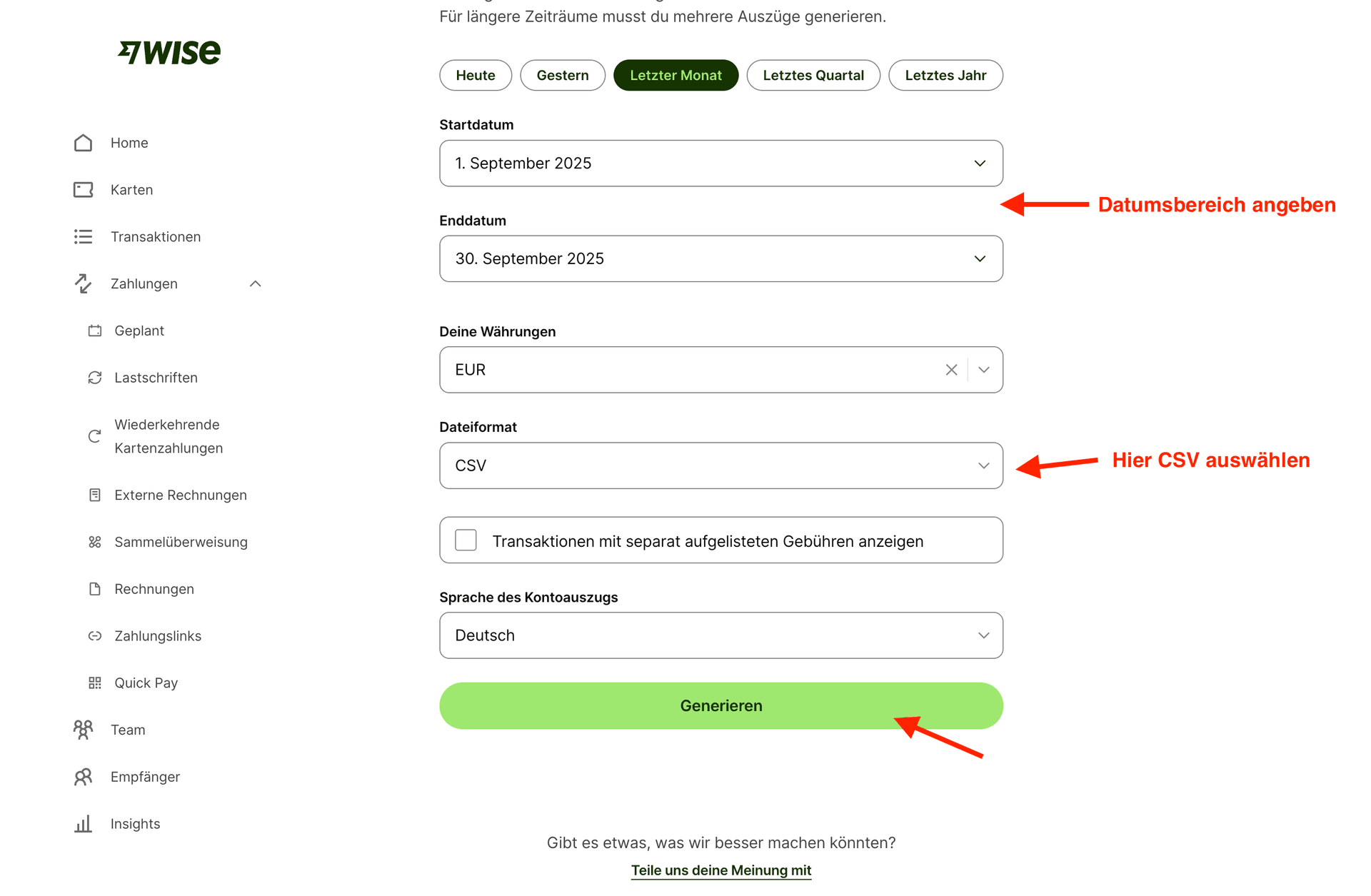 Wise - CSV-Format auswählen und herunterladen